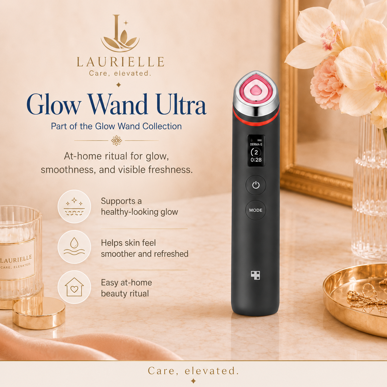 Laurielle Glow Wand Ultra at-home beauty device standing on a beige marble surface with decorative flowers, a candle, and gold-toned accessories around it. Text on the left describes the product and its benefits.