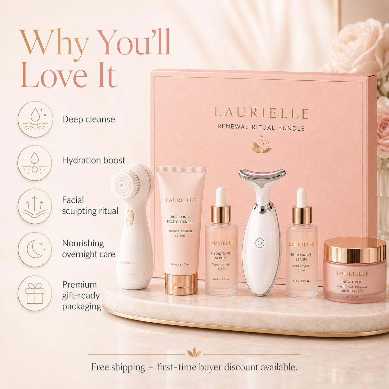 Lauriellre Renewal Ritual Bundle skincare set displayed on a marble tray with its pink gift box, including a facial cleansing device, treatment cream, serums, a red light therapy device, and a single-use gel jar.