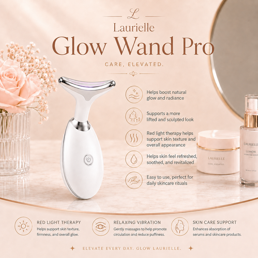 Laurielle Glow Wand Pro red light therapy device shown on a warm beige spa-style background with decorative flowers, skincare products, and text describing its benefits.