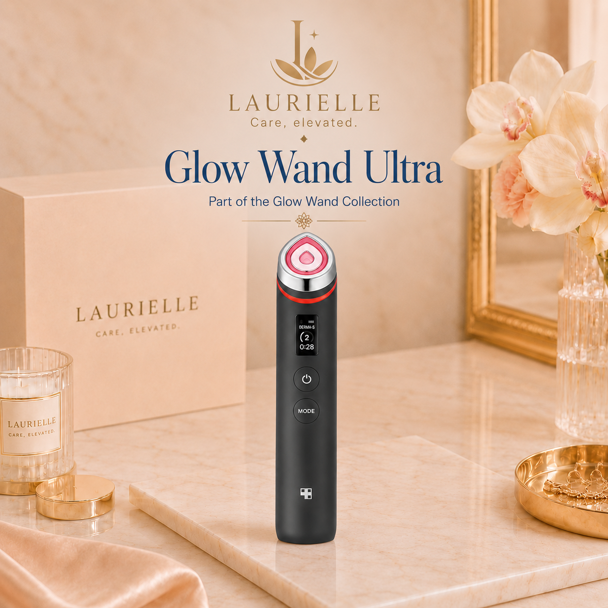 Laurielle Glow Wand Ultra beauty device standing upright on a marble surface, with the Laurielle box, candle, flowers, and mirror in a softly styled bathroom setting.