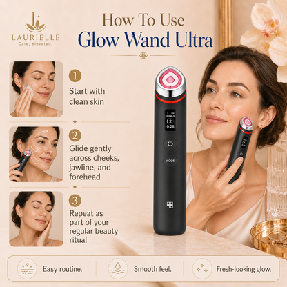 Promotional graphic for the Laurielle Glow Wand Ultra facial beauty device, showing a woman holding the wand, step-by-step usage instructions on the left, and the black wand with a pink and red illuminated head on the right against a warm beige background.