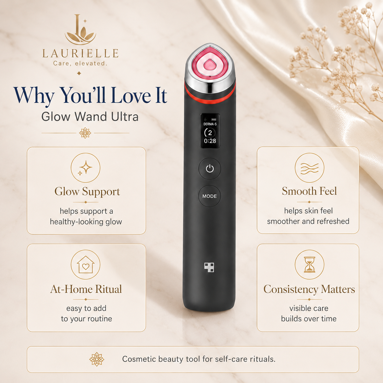 Laurielle Glow Wand Ultra beauty device shown on a soft beige marble-style background with decorative fabric and dried flowers. The ad includes marketing text and four feature callouts: Glow Support, Smooth Feel, At-Home Ritual, and Consistency Matters.