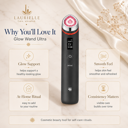 Laurielle Glow Wand Ultra beauty device shown on a soft beige marble-style background with decorative fabric and dried flowers. The ad includes marketing text and four feature callouts: Glow Support, Smooth Feel, At-Home Ritual, and Consistency Matters.