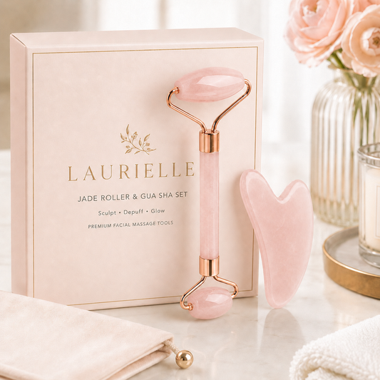 Laurielle jade roller and gua sha set with packaging on a white surface.