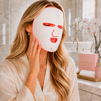 Woman wearing a LED face mask in a bathroom setting with Laurielle products.
