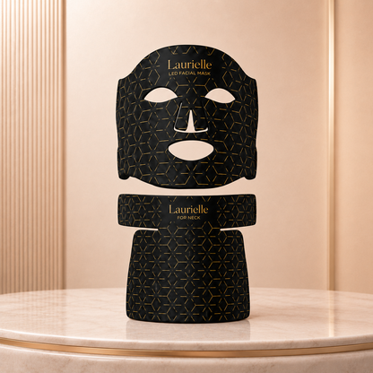 Black facial mask and neck wrap with 'Laurielle' branding on a beige background