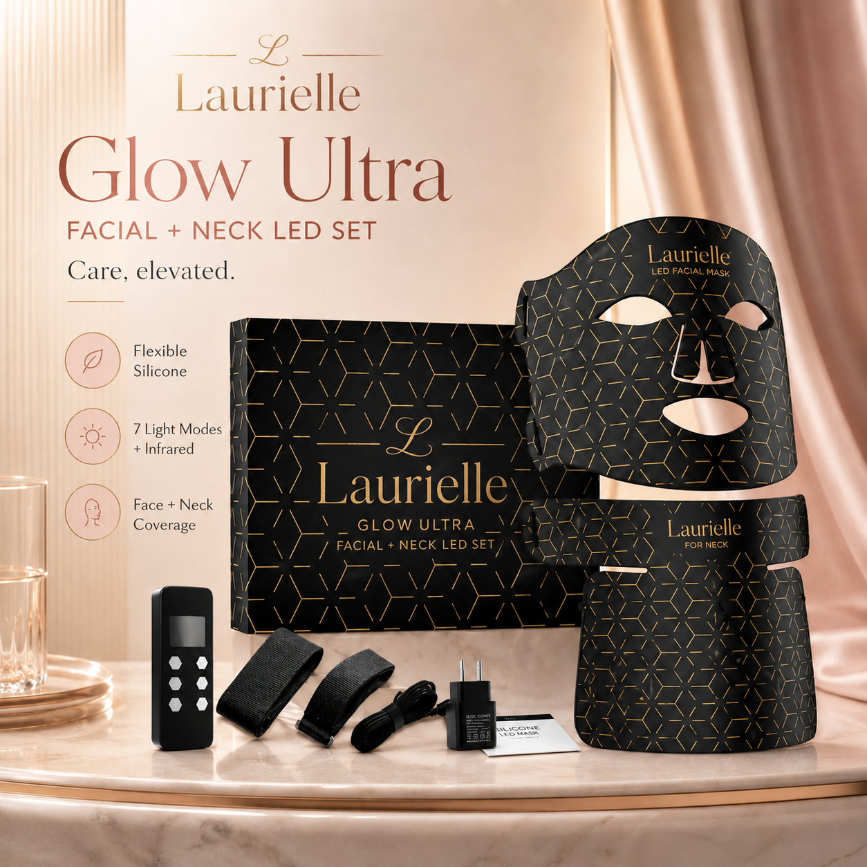 Laurielle Glow Ultra Facial + Neck LED Set on a marble surface with a soft pink curtain in the background.