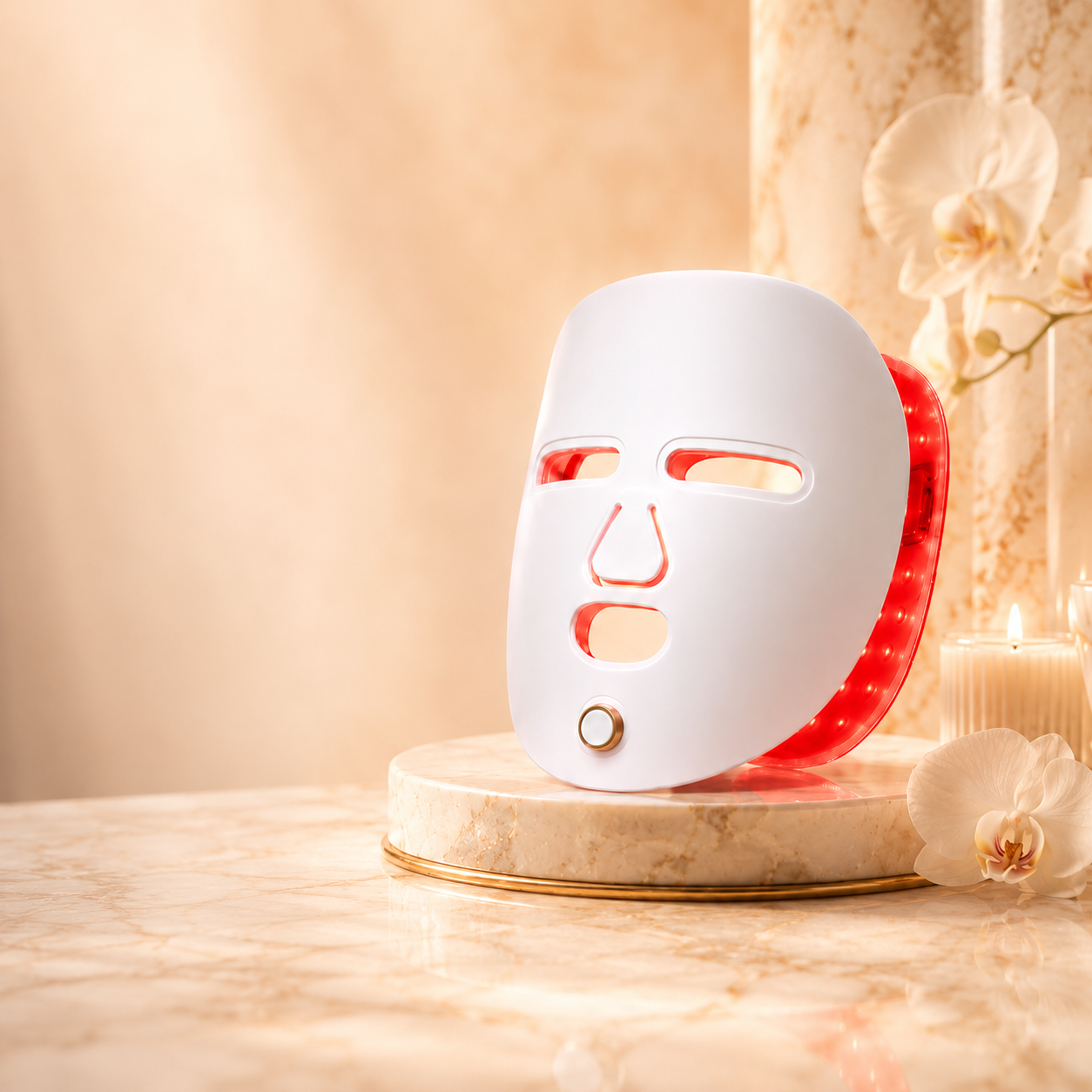 White facial mask with red lights on a beige surface with a soft background