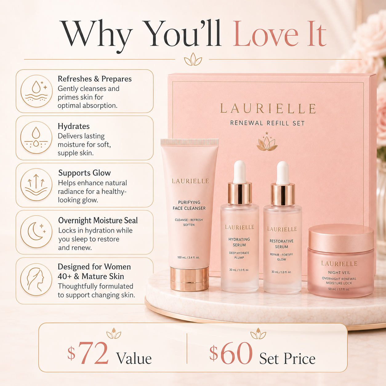 Laurielle Renewal Refill Set displayed in blush pink luxury packaging with Purifying Face Cleanser, Hydrating Serum, Restorative Serum, and Night Veil overnight moisturizer. The image highlights hydration, glow support, overnight moisture care, and skincare for women 40+ and mature skin, with a $72 value and $60 set price.