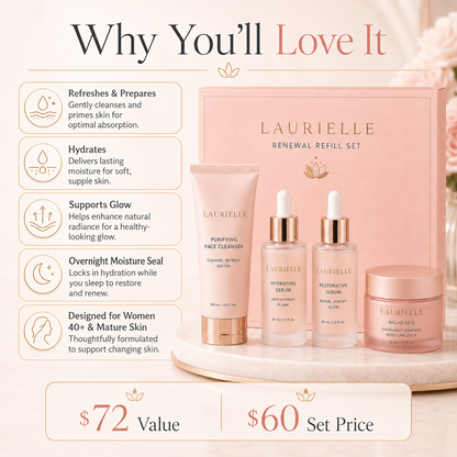 Laurielle Renewal Refill Set displayed in blush pink luxury packaging with Purifying Face Cleanser, Hydrating Serum, Restorative Serum, and Night Veil overnight moisturizer. The image highlights hydration, glow support, overnight moisture care, and skincare for women 40+ and mature skin, with a $72 value and $60 set price.