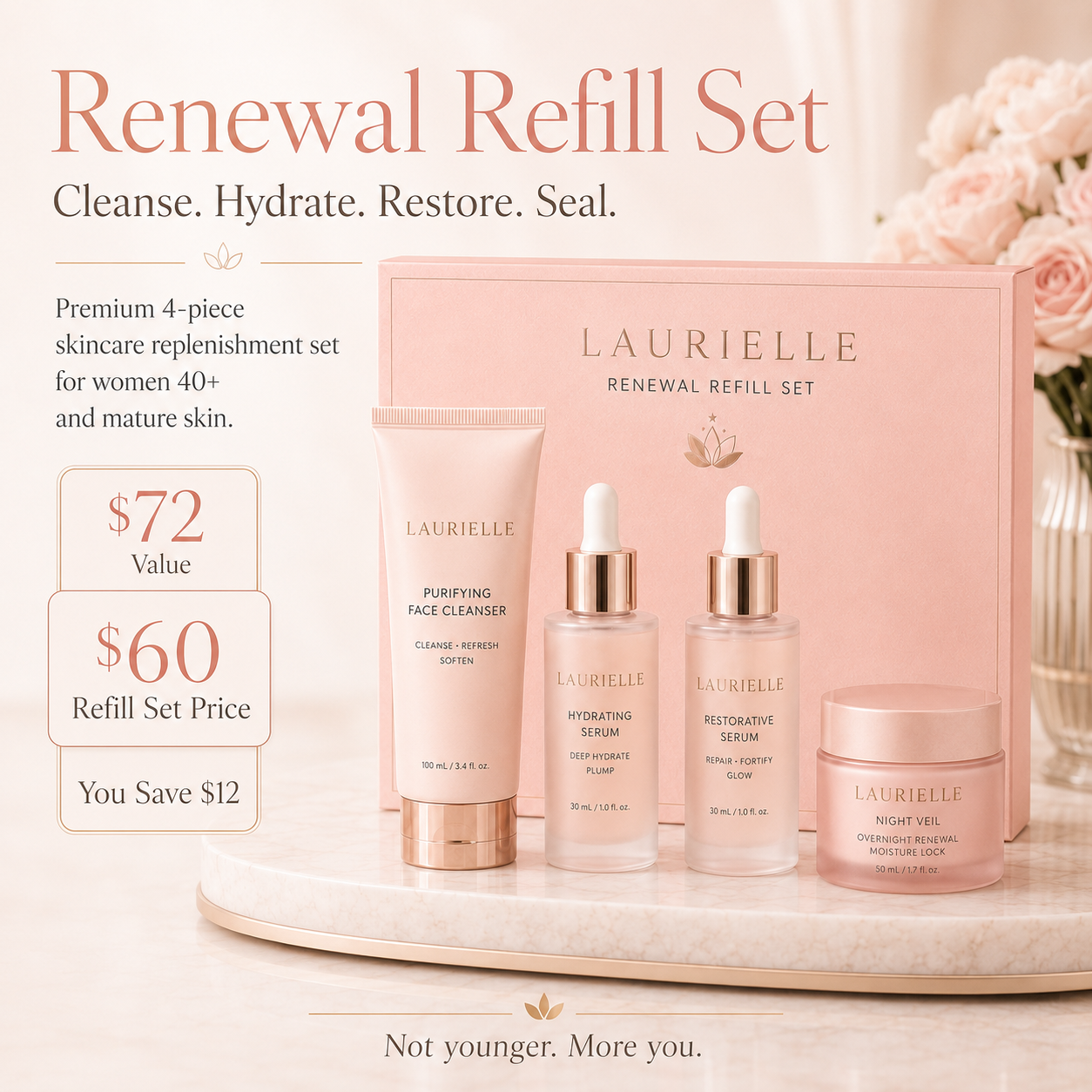 Laurielle Renewal Refill Set displayed in blush pink luxury packaging with Purifying Face Cleanser, Hydrating Serum, Restorative Serum, and Night Veil overnight moisturizer. The image highlights hydration, glow support, overnight moisture care, and skincare for women 40+ and mature skin, with a $72 value and $60 set price.

SEO Filename