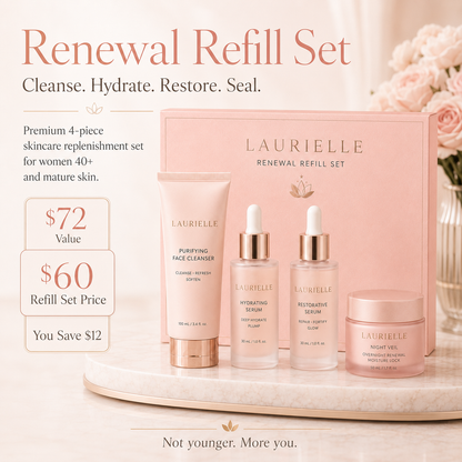 Laurielle Renewal Refill Set displayed in blush pink luxury packaging with Purifying Face Cleanser, Hydrating Serum, Restorative Serum, and Night Veil overnight moisturizer. The image highlights hydration, glow support, overnight moisture care, and skincare for women 40+ and mature skin, with a $72 value and $60 set price.

SEO Filename