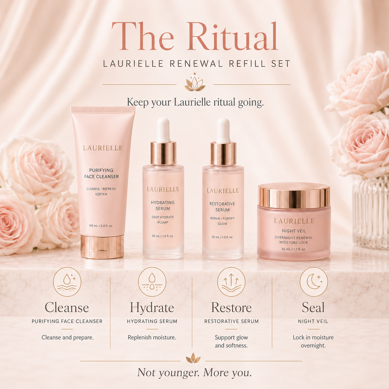 Laurielle Renewal Refill Set displayed against a soft blush satin background with pale pink roses. The set includes the Purifying Face Cleanser, Hydrating Serum, Restorative Serum, and Night Veil, arranged with four ritual steps: cleanse, hydrate, restore, and seal. Text reads, “Keep your Laurielle ritual going” and “Not younger. More you.”