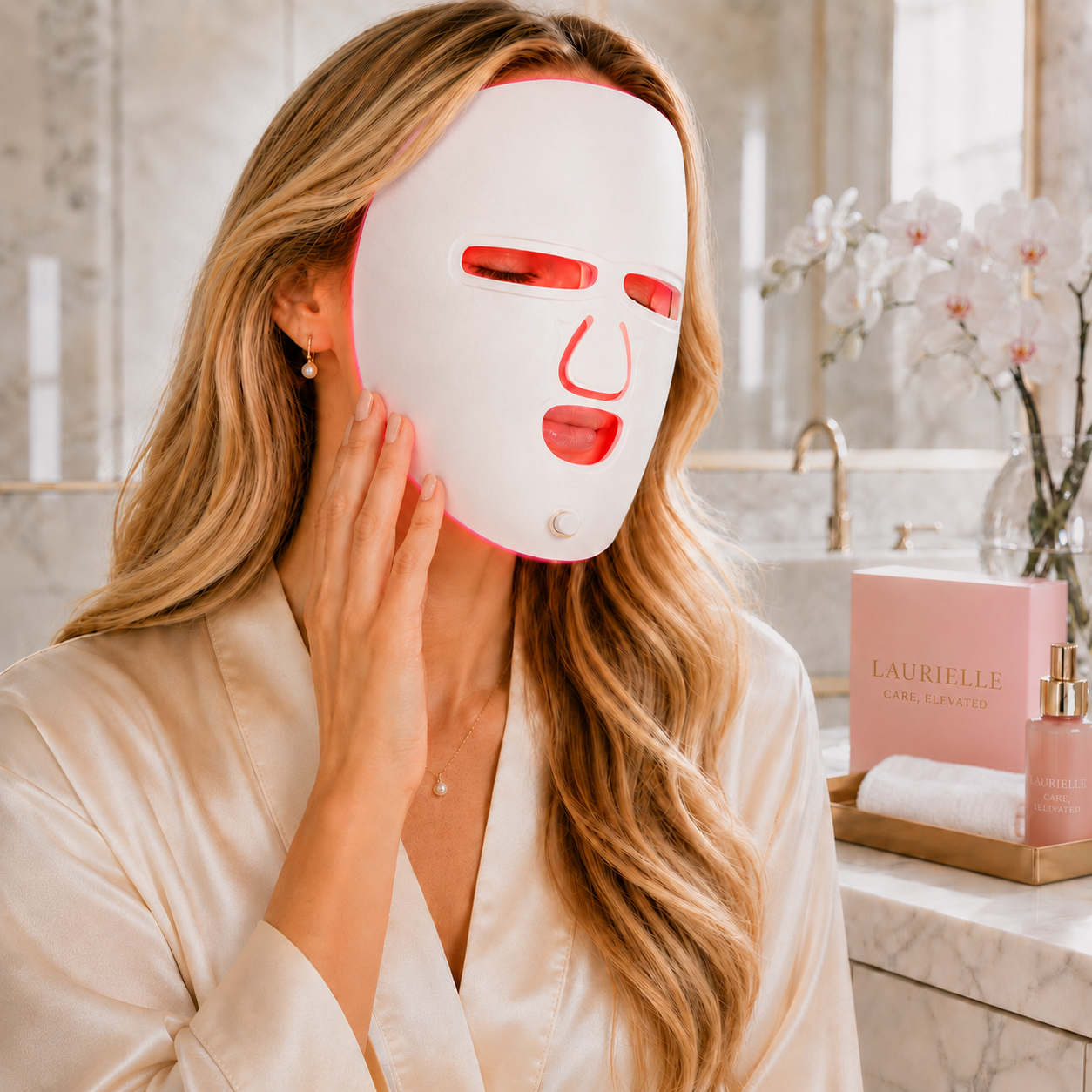 Woman wearing the Laurielle LED face mask as part of her daily ritual