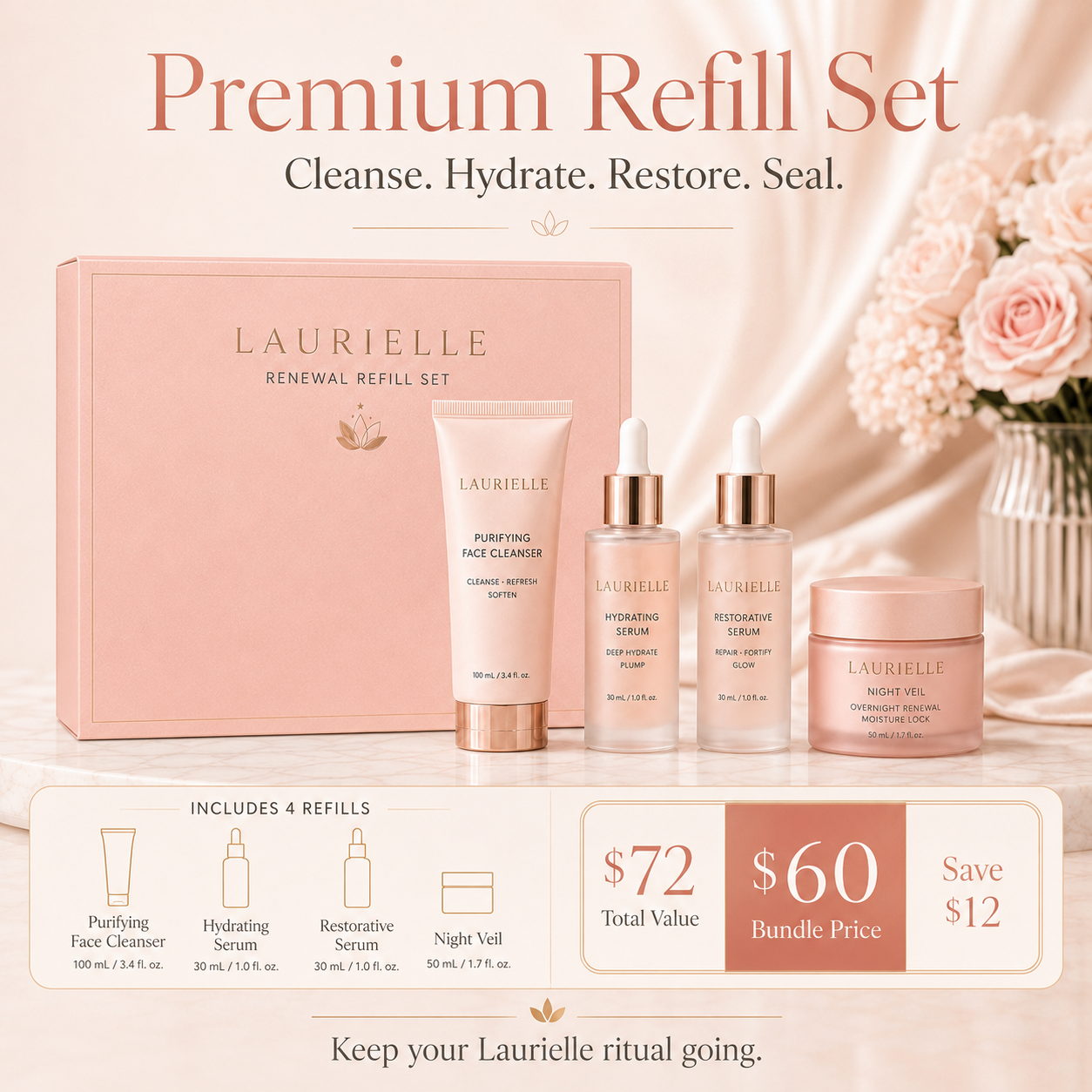 Laurielle Premium Refill Set displayed in blush pink luxury packaging with four skincare refills: Purifying Face Cleanser, Hydrating Serum, Restorative Serum, and Night Veil overnight moisturizer. The image shows a $72 total value, $60 bundle price, and $12 savings, with the message “Cleanse. Hydrate. Restore. Seal.” and “Keep your Laurielle ritual going.”