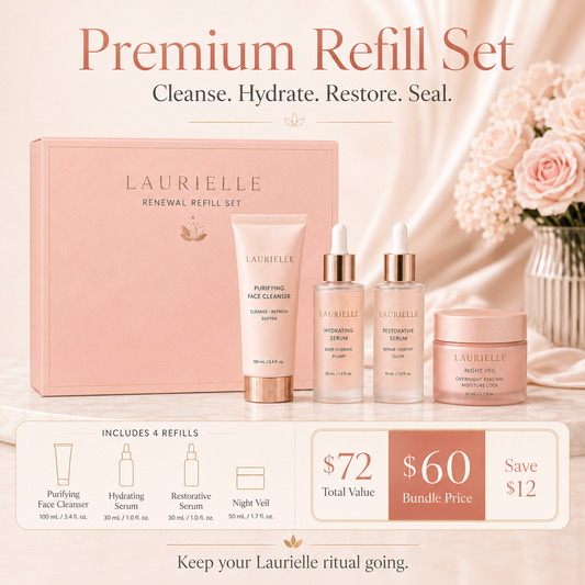 Laurielle Premium Refill Set displayed in blush pink luxury packaging with four skincare refills: Purifying Face Cleanser, Hydrating Serum, Restorative Serum, and Night Veil overnight moisturizer. The image shows a $72 total value, $60 bundle price, and $12 savings, with the message “Cleanse. Hydrate. Restore. Seal.” and “Keep your Laurielle ritual going.”
