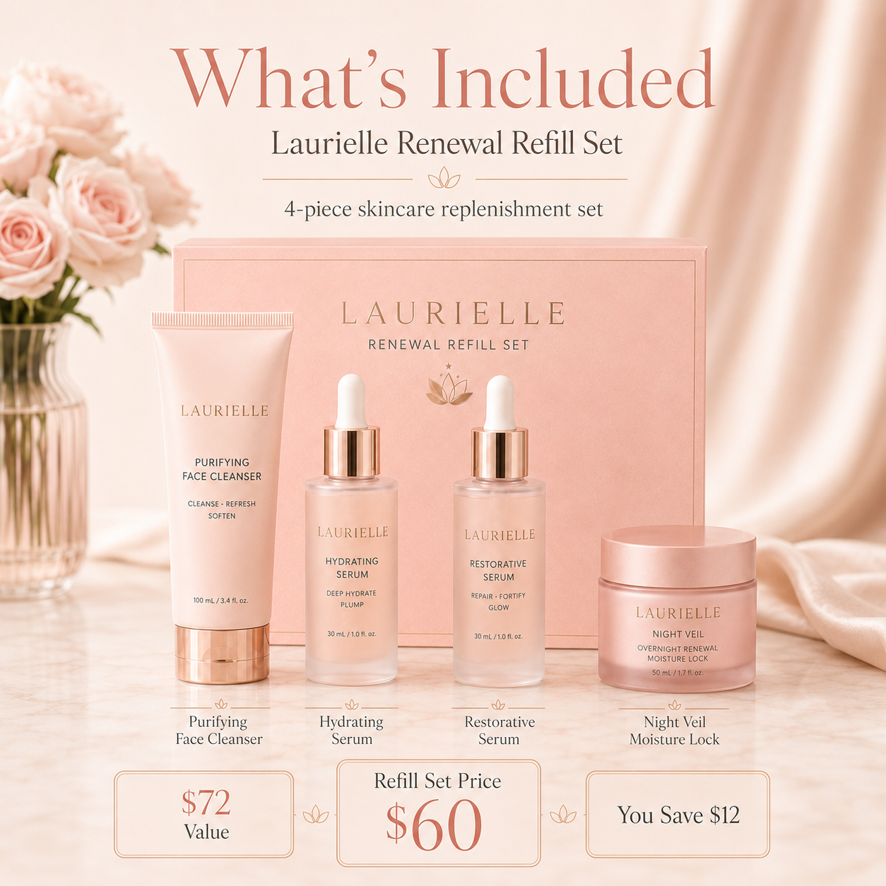 Laurielle Premium Refill Set displayed in blush pink luxury packaging with four skincare refills: Purifying Face Cleanser, Hydrating Serum, Restorative Serum, and Night Veil overnight moisturizer. The image shows a $72 total value, $60 bundle price, and $12 savings, with the message “Cleanse. Hydrate. Restore. Seal.” and “Keep your Laurielle ritual going.”