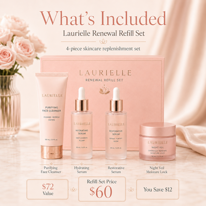 Laurielle Premium Refill Set displayed in blush pink luxury packaging with four skincare refills: Purifying Face Cleanser, Hydrating Serum, Restorative Serum, and Night Veil overnight moisturizer. The image shows a $72 total value, $60 bundle price, and $12 savings, with the message “Cleanse. Hydrate. Restore. Seal.” and “Keep your Laurielle ritual going.”