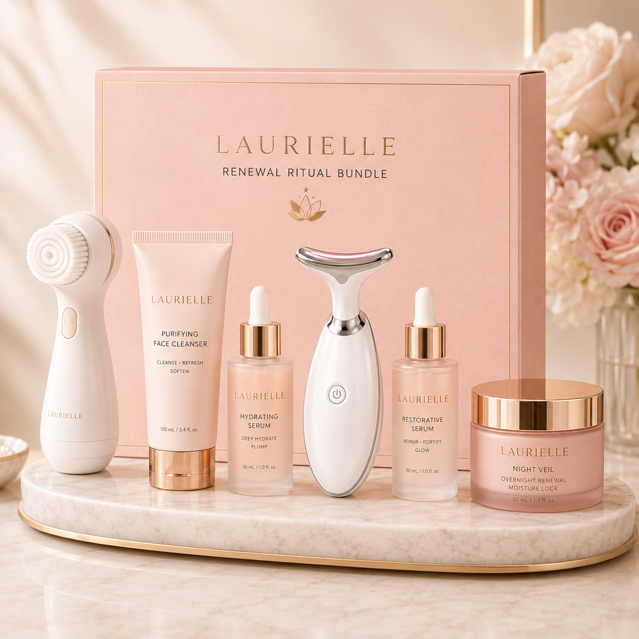 Laurielle Renewal Ritual Bundle displayed in blush pink luxury packaging with a Facial Cleanser Brush, Purifying Face Cleanser, Glow Wand Pro, Hydrating Serum, Restorative Serum, and Night Veil overnight moisturizer. The complete at-home skincare set is arranged on a marble vanity with rose-gold accents and soft pink flowers.