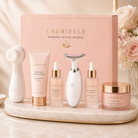 Laurielle Renewal Ritual Bundle displayed in blush pink luxury packaging with a Facial Cleanser Brush, Purifying Face Cleanser, Glow Wand Pro, Hydrating Serum, Restorative Serum, and Night Veil overnight moisturizer. The complete at-home skincare set is arranged on a marble vanity with rose-gold accents and soft pink flowers.