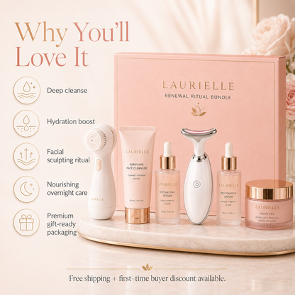 Lauriellre Renewal Ritual Bundle skincare set displayed on a marble tray with its pink gift box, including a facial cleansing device, treatment cream, serums, a red light therapy device, and a single-use gel jar.