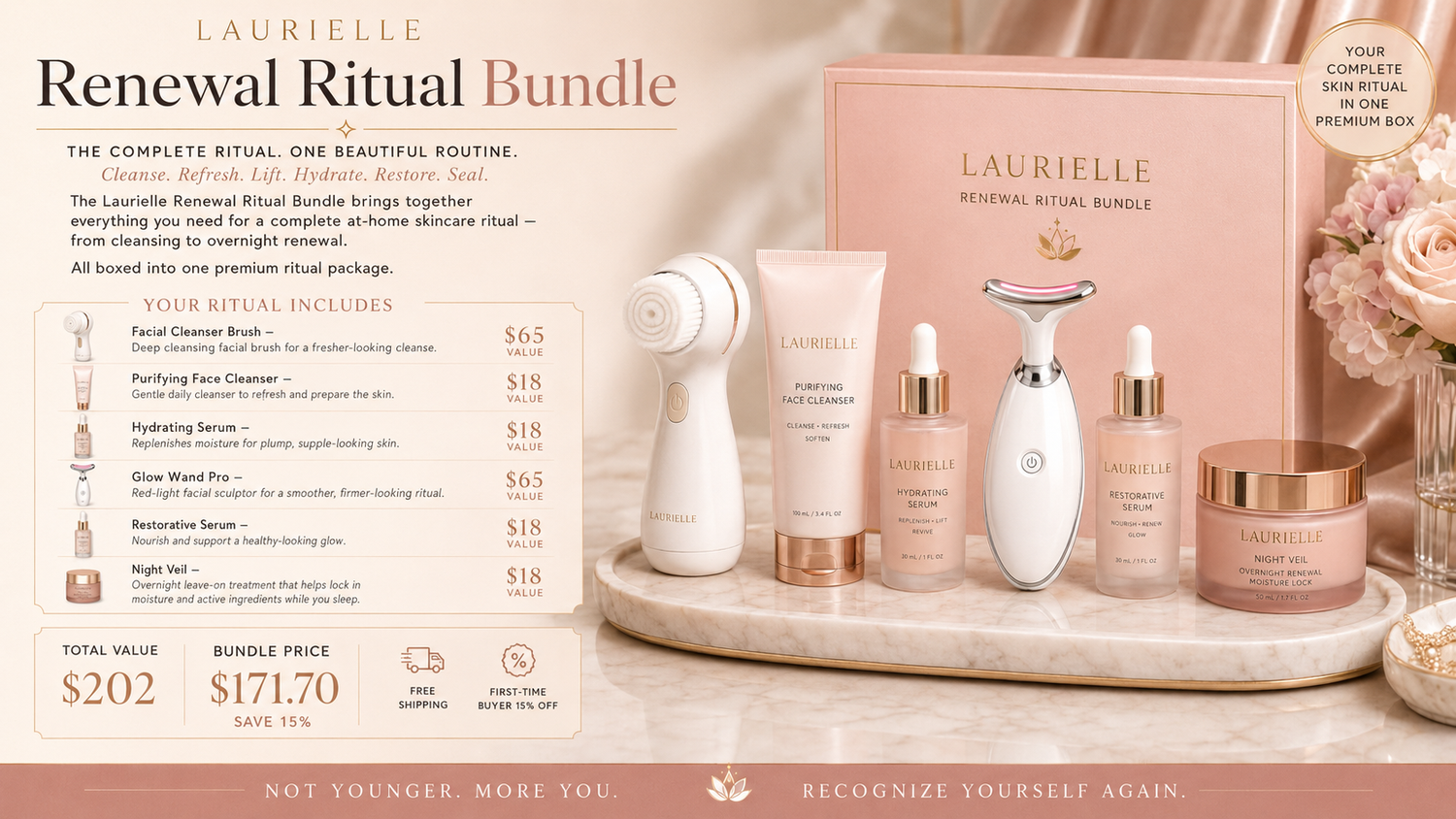 Laurielle Renewal Ritual Bundle skincare set displayed on a marble surface with a pink branded box, a white facial cleansing device, several serum and cream bottles, and jars with gold lids. The layout includes product descriptions, pricing, and decorative pink roses on a beige background.