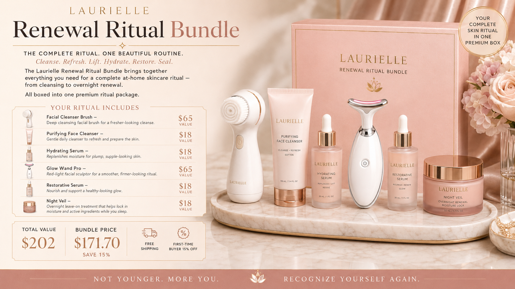 Laurielle Renewal Ritual Bundle skincare set displayed on a marble surface with a pink branded box, a white facial cleansing device, several serum and cream bottles, and jars with gold lids. The layout includes product descriptions, pricing, and decorative pink roses on a beige background.
