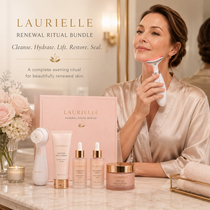A woman in a satin robe uses a white facial cleansing device while standing beside a marble counter displaying the LAURIELLE Renewal Ritual Bundle, including a pink gift box, cleansing foam tube, three serum bottles, and a cream jar.