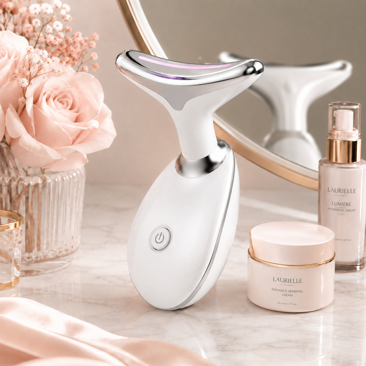 Laurielle glow wand facial sculpting device on a marble vanity